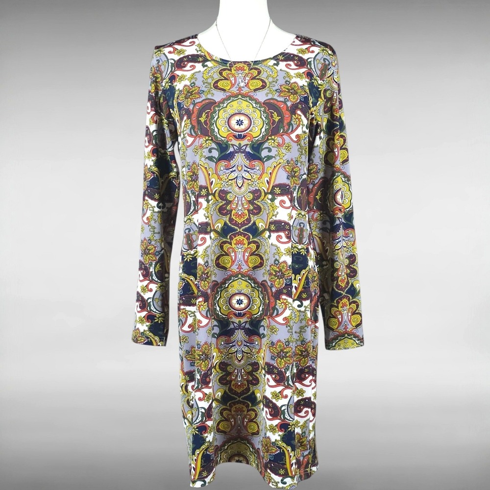 Boho Whimsigoth Retro Paisley Knit Jersey Long Sleeve Shift Dress Womens M